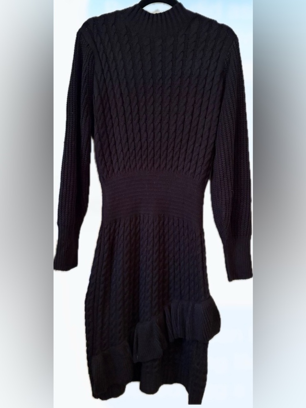 SHEIN Black Cable Knit Asymmetrical Ruffle Sweater Dress Size L
